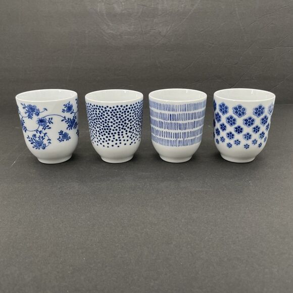 IKEA Set of 4 Blue White Teacups 7 oz No Handles Saki Cups Wine Asian #21986 - Picture 1 of 9